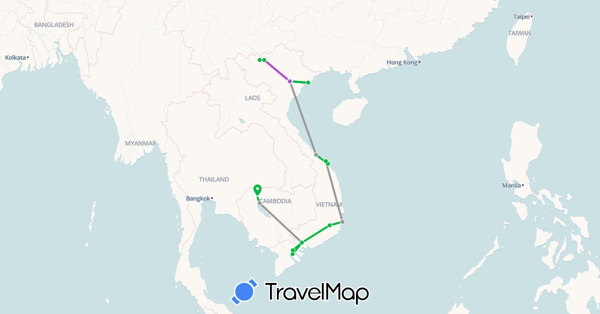 TravelMap itinerary: driving, bus, plane, train in Cambodia, Vietnam (Asia)